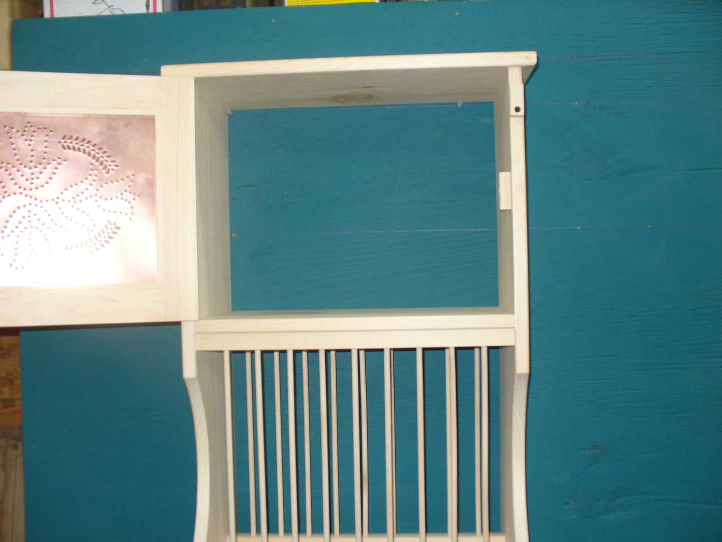 Primitive pie safe punched tin 1 copper door shelf wood plate dish rack glasses spices organizer kitchen cabinet